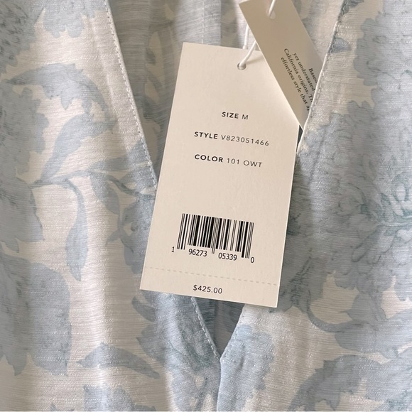 Vince Dahlia Floral Summer Dress Long Sleeve V Neck Women M Baby Blue White - Picture 6 of 16